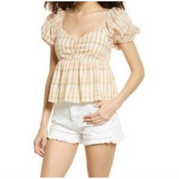 NWT BP. Pink Beige Park Plaid Short Puff Sleeve Babydoll size s - Picture 1 of 7